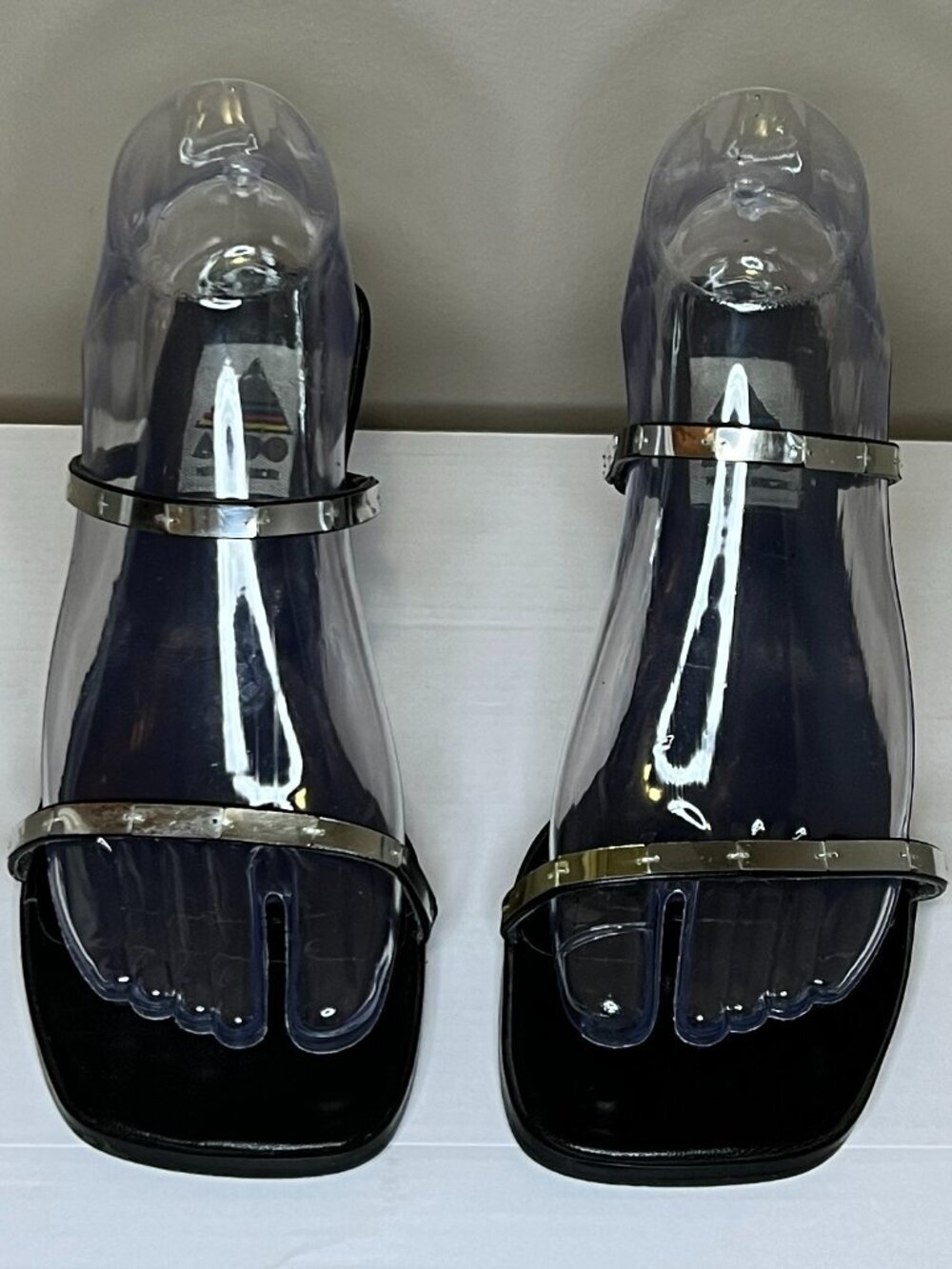 ALDO Black Strappy Block Heel Sandals Silver Metallic Straps Women's Size 39
